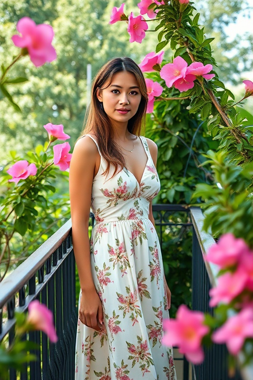 portrait of a woman in a light floral dress standing on a balcony surrounded by lush greenery and pink flowers, natural lighting, 50mm lens, f/1.8 aperture, ISO 200, soft focus, shallow depth of field, DSLR camera