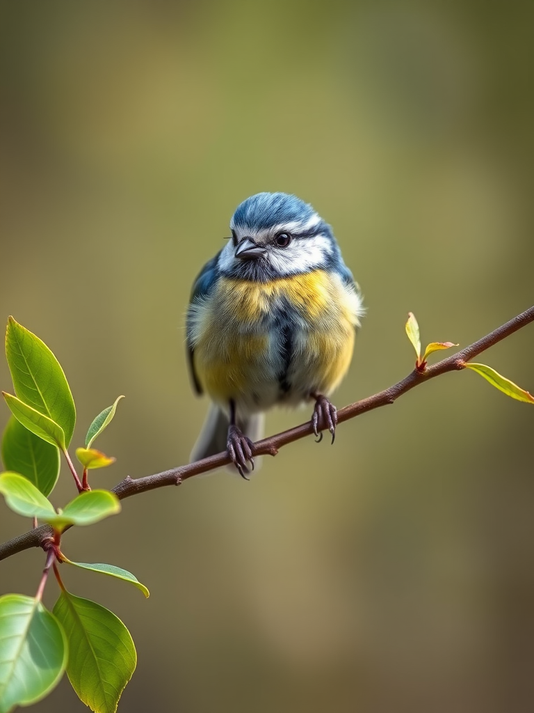 Capture a high-resolution image of a blue tit perched on a branch with green leaves, using a Canon EOS 5D Mark IV, 50mm lens, f/2.8 aperture, ISO 200, natural light, shallow depth of field for a soft background blur, focus on the bird.