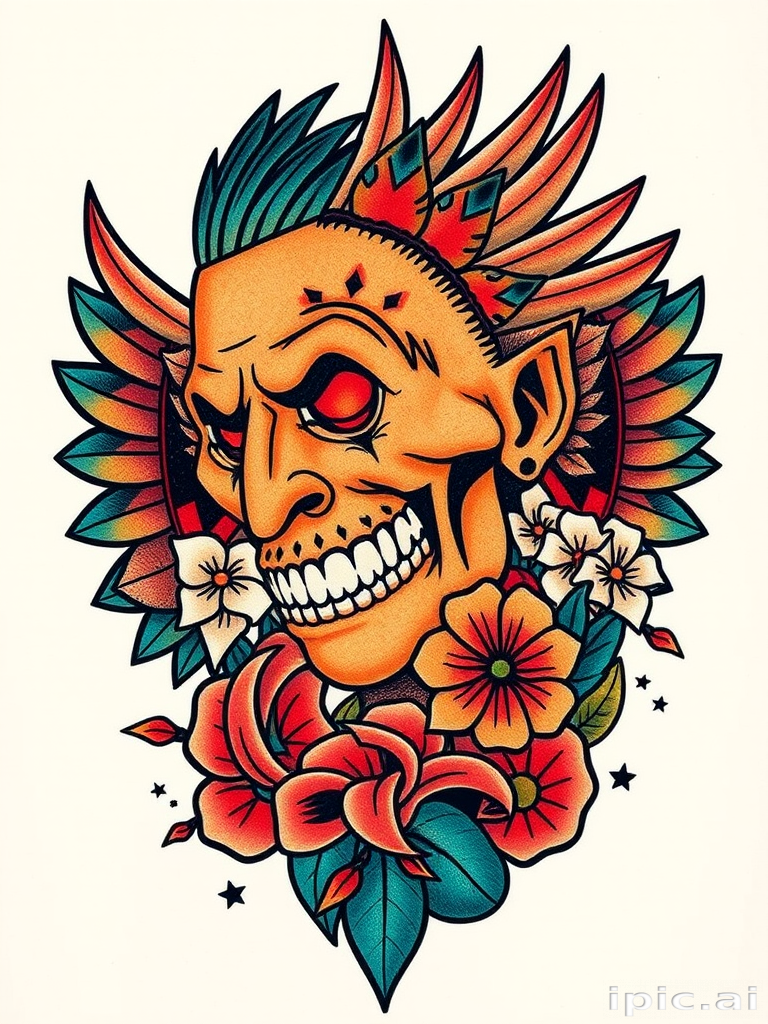 Traditional American tattoo reimagined with a modern twist, featuring bold linework and vibrant colors in a mashup of classic motifs and contemporary pop culture references