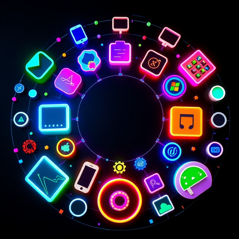 Create a high-resolution digital illustration of tech icons in a circular layout with vibrant colors, using a macro lens setting, wide-angle view, flat lay style, shot with a DSLR camera.