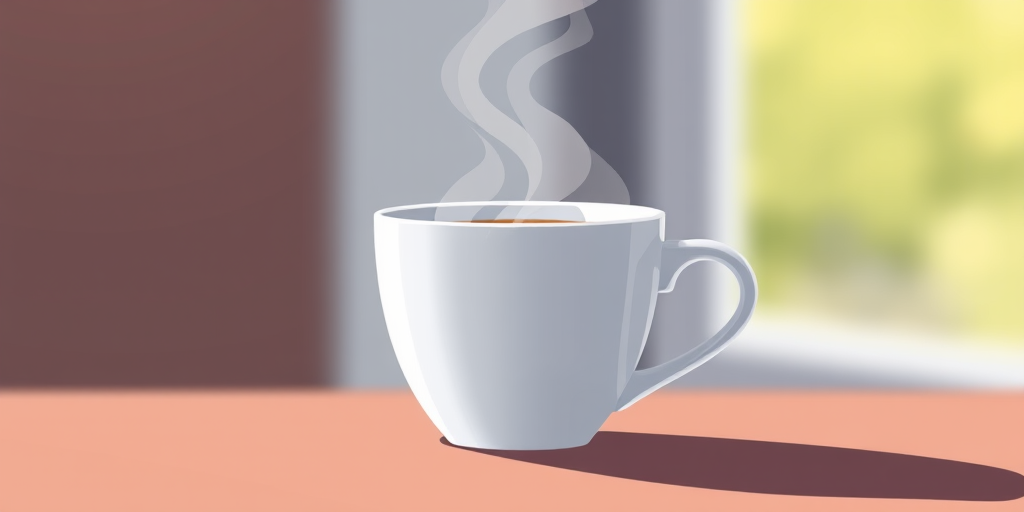 Create an illustration of a steaming coffee cup in a minimalistic style using a 50mm lens, f/1.8 aperture for a shallow depth of field, natural light, and a close-up perspective with a high-resolution digital camera.