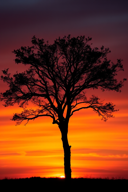 Generate a high-contrast black silhouette of a tree against a vibrant sunset background, with a Canon EOS R5 camera, ISO 100, f/8 aperture, 1/200 sec shutter speed, shot from a low-angle perspective for a dramatic effect.