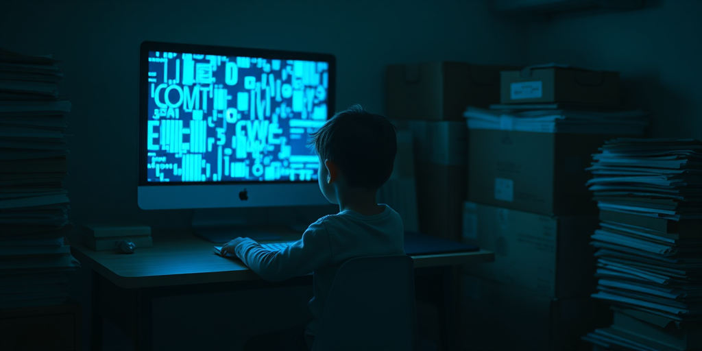 A child sitting at a desk in a dimly lit room, focused on a glowing computer screen filled with blue digital patterns, surrounded by stacks of papers and cardboard boxes, captured with a Canon EOS R5, 50mm f/1.2 lens, ISO 400, aperture f/2.8, 1/60 sec exposure, in a moody cinematic style.