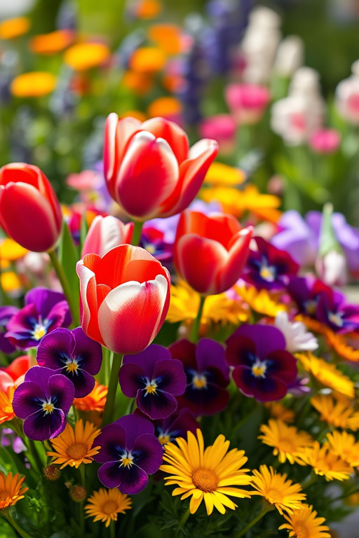 Create a vibrant, high-resolution image of a colorful flower arrangement featuring red and white tulips, purple pansies, yellow daisies, and other colorful blooms in a bright garden setting with soft focus, using a DSLR camera with a 50mm lens at f/2.8, ISO 100, and a shutter speed of 1/250 seconds for enhanced detail and depth of field.