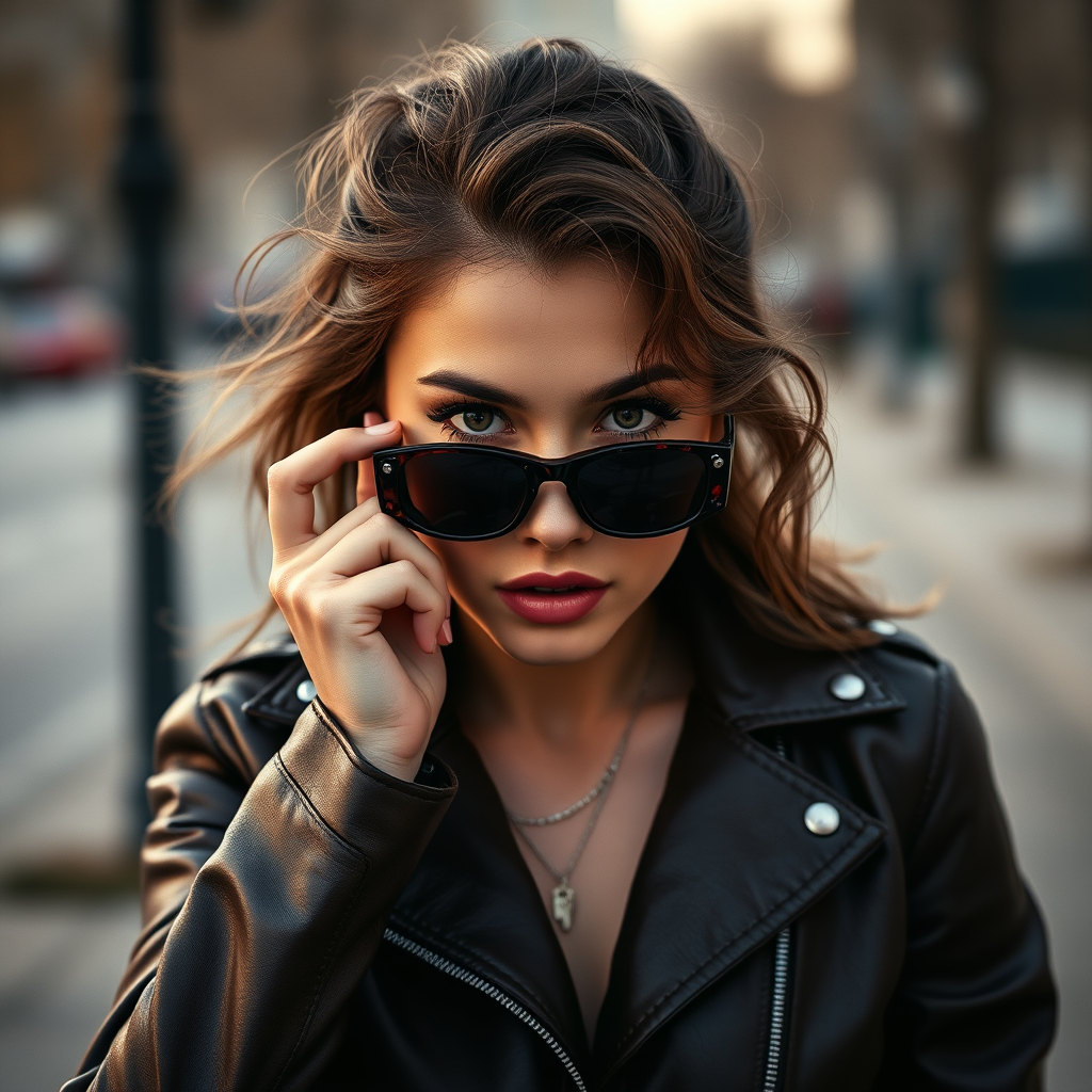 Outdoor shot, stunning female model, vintage leather jacket, sunglasses, cinematic effect, Position the camera at the model’s eye level using a 35mm f/1.4 lens