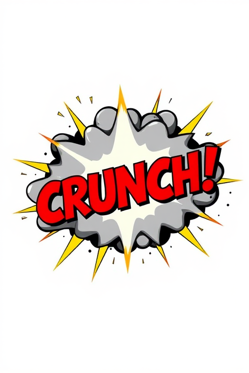 Create an image of a comic-style explosion with the word "CRUNCH!" prominently featured in bold red letters, surrounded by a gray cloud and stylized yellow and white burst elements, using a digital art style, with a high-resolution setting of 300 DPI, captured in a front view, using soft focus and vibrant color saturation.