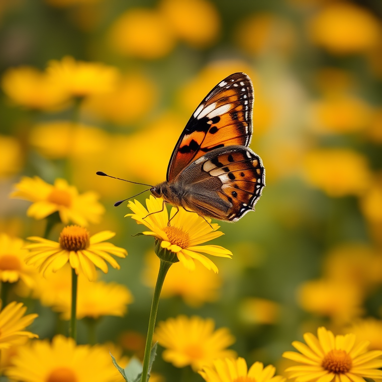 Generate an image of a butterfly perched on a vibrant yellow flower, surrounded by a field of similar bright flowers. The butterfly should have intricate patterns on its wings, showcasing a mix of orange, black, and white colors. The background should be softly blurred to emphasize the butterfly and the flowers in the foreground.