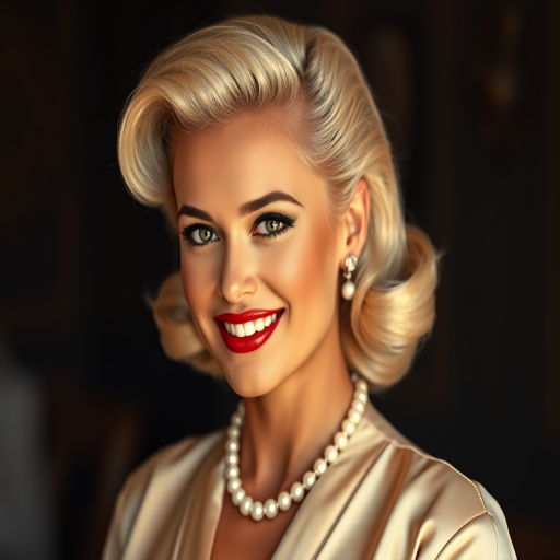 A beautiful Zulu woman reminiscent of 1950s Hollywood glamour, with perfectly styled blonde hair and a seductive smile, dressed in a satin blouse and adorned with pearls, soft and warm tones, photorealistic, 8K