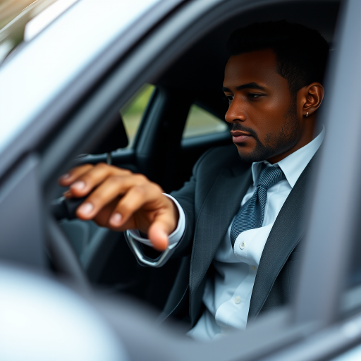 A well-dressed person in a car, focusing on the hand reaching for the door handle, taken with a Canon EOS R5, 50mm lens, f/2.8 aperture, ISO 200, natural lighting, moderate contrast, shallow depth of field.