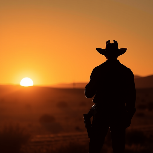 Create a stylized image of a silhouette of a cowboy standing with his back to the viewer, wearing a wide-brimmed hat and a holstered gun, in a minimalistic western landscape at sunset, captured with a DSLR camera, aperture f/8, ISO 100, focal length 50mm, and a slight vignette effect for depth.