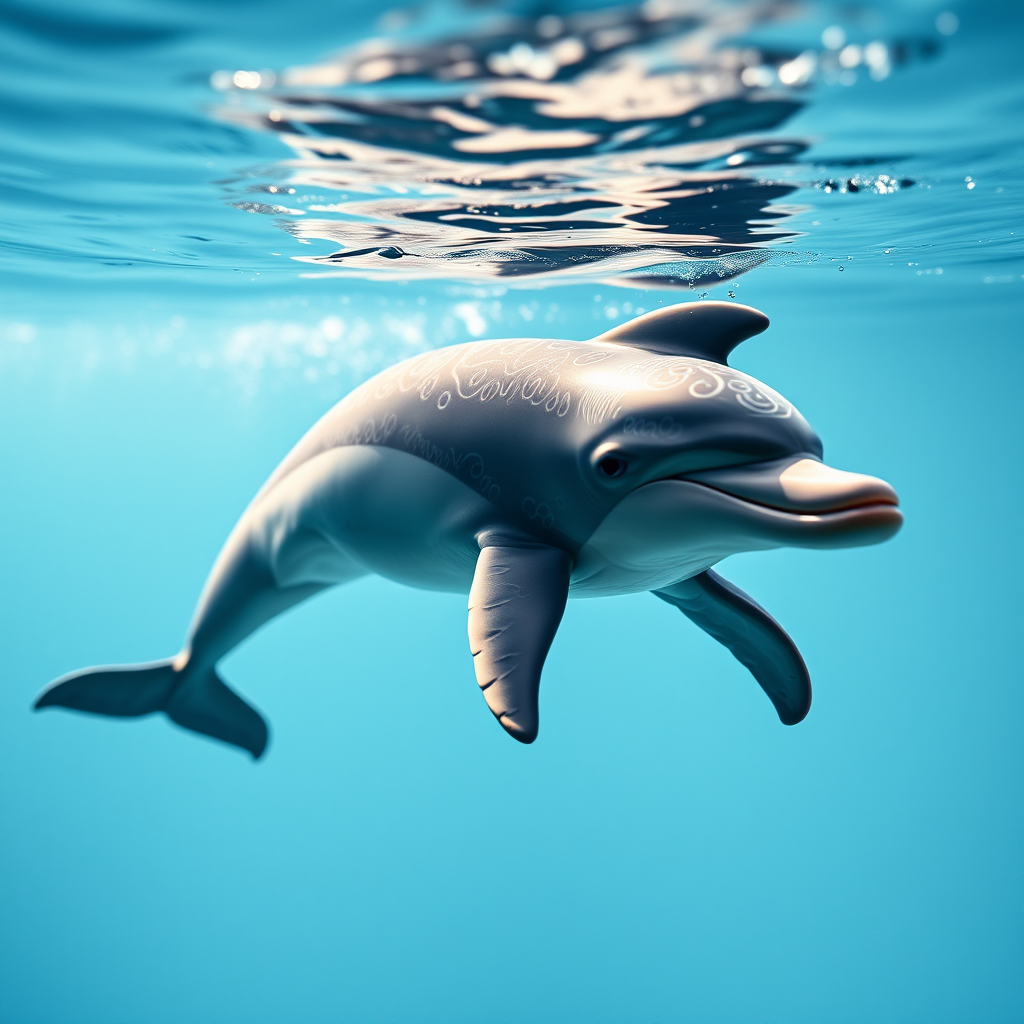 Create a highly detailed and lifelike image of a dolphin swimming gracefully with intricate patterns on its body, captured in soft natural lighting, using a DSLR camera with a 50mm lens, aperture set to f/2.8 for a shallow depth of field, ISO 200, and a shutter speed of 1/1000 sec for clarity and sharpness.