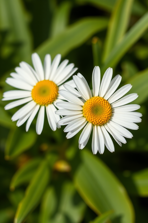 Create a high-resolution image of two daisies with white petals and yellow centers on green leaves, using a DSLR camera with a 50mm lens, aperture set to f/2.8 for shallow depth of field, and soft natural lighting for enhanced clarity.