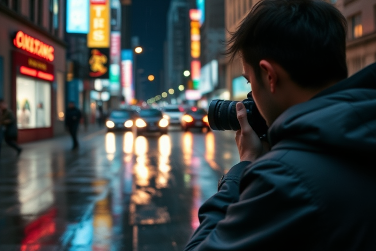 Blurry candid shot of a street photographer capturing a photo of a passerby in the rain, soft reflections of neon signs and car headlights bouncing off the wet pavement, with distant skyscrapers barely visible in the background.
