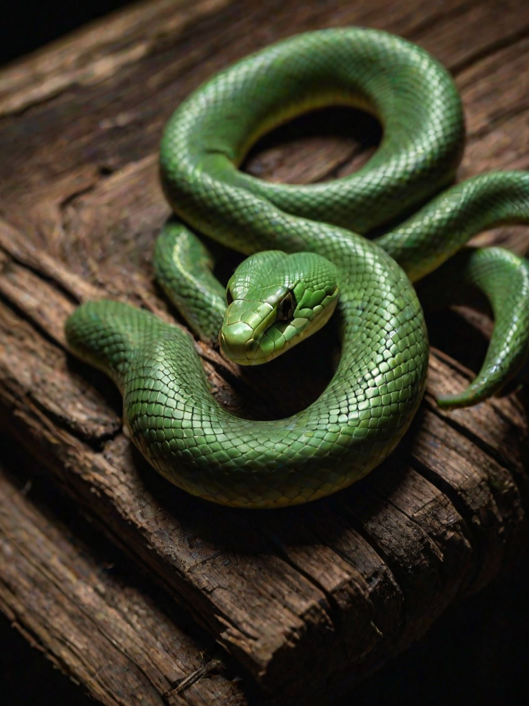 a close-up of a green snake resting on a wooden log in a dark setting with soft lighting highlighting its scales and features