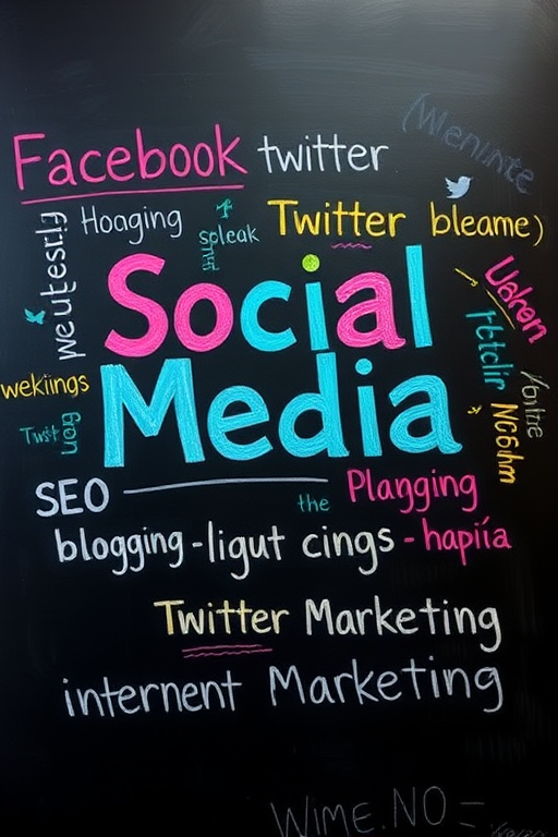 Create a vibrant chalkboard illustration featuring the phrase "Social Media" prominently in the center with related terms like "Facebook," "Twitter Marketing," "SEO," "Blogging," and "Internet Marketing" in varying sizes, using a Canon EOS R camera at f/8, ISO 200, and 1/100 sec with a wide-angle view to enhance clarity and detail.