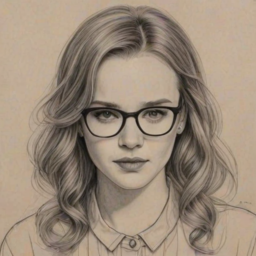 Exquisite Kay Panabaker, pencil sketch, portrait of Beauteous woman 1921s in glasses, hair style beatnik, outline, clear lines, fine lines, 8k