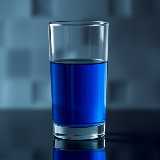 Generate a hyper-realistic image of a cylindrical glass filled partially with a deep blue liquid, using a DSLR camera with a 50mm lens, aperture f/1.8, ISO 100, and a shallow depth of field to create a blurred background.