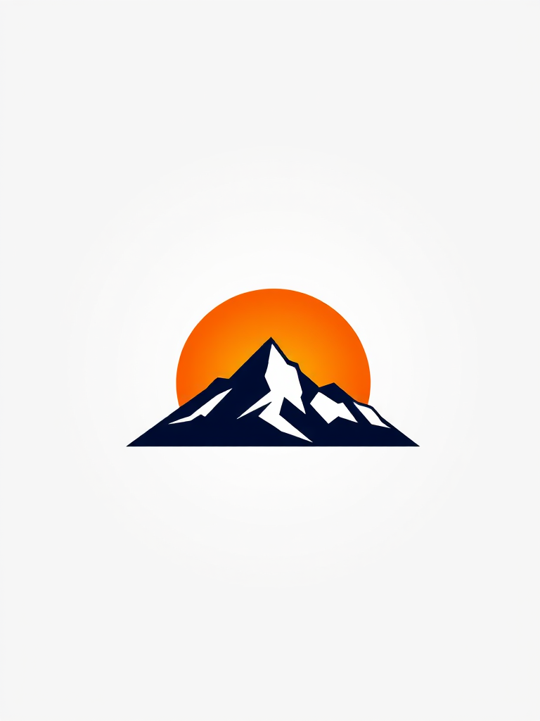 Generate a high-resolution image of a stylized logo design featuring a minimalistic mountain silhouette with a sunrise gradient, captured with a Canon EOS R5, 50mm lens, f/2.8 aperture, ISO 100, 1/125 sec exposure, in a clean studio environment with soft lighting.
