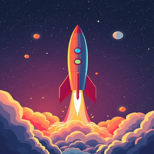 Create a vibrant illustration of a rocket launching into a starry space background, with dynamic explosion effects around the rocket, using a digital art style; camera settings: f/8, ISO 100, 1/250s, camera view: wide-angle perspective, camera style: modern minimalist, camera type: digital illustration.