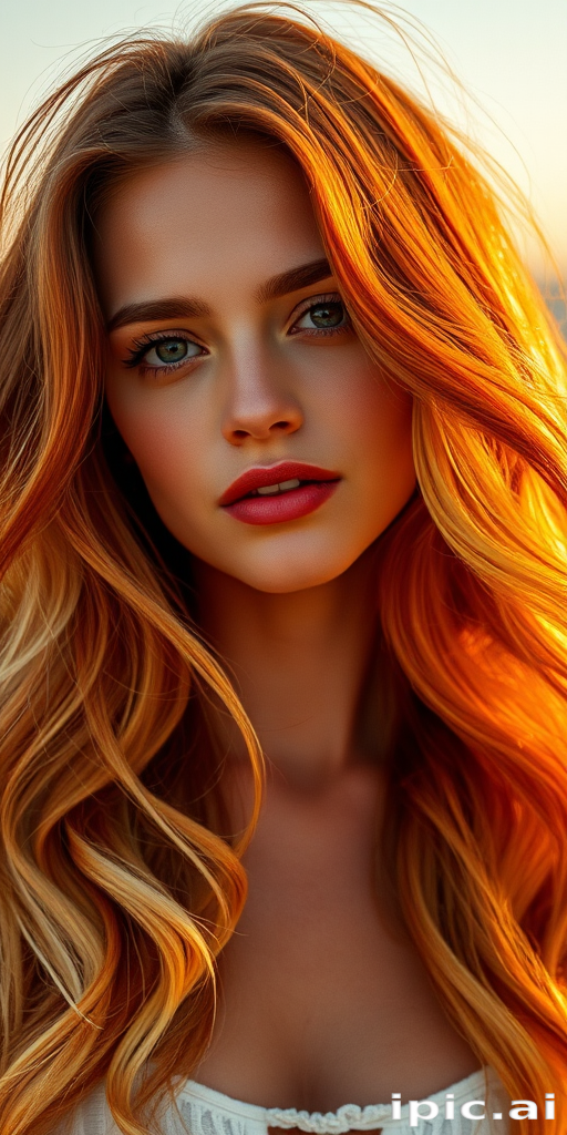 Stunning portrait of a woman with Sunset Ombre hair, flowing from deep orange to pale yellow, styled in loose beach waves cascading over her shoulders, reflecting golden hour light