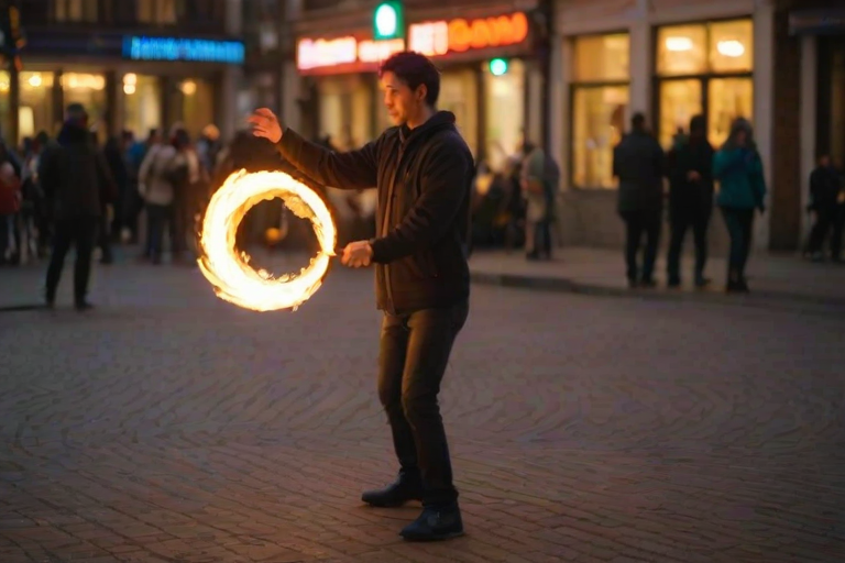 Blurry candid shot of a street performer juggling fire in a city square at night, soft golden light from nearby streetlamps casting long shadows, with distant onlookers cheering and colorful neon signs barely visible.