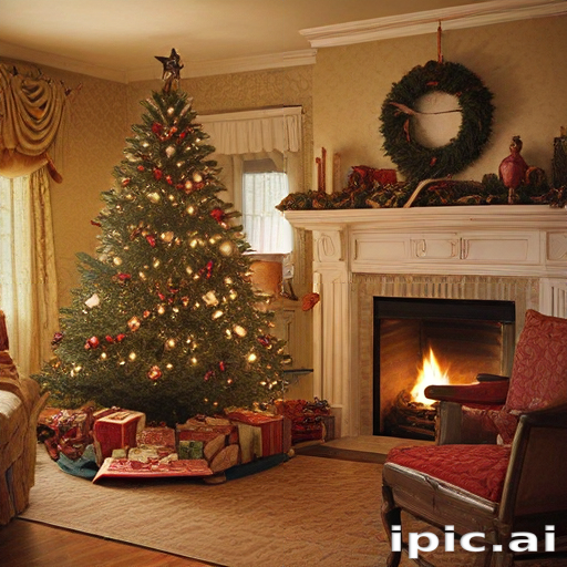 Cozy Living Room with a Beautifully Decorated Christmas Tree and Fireplace