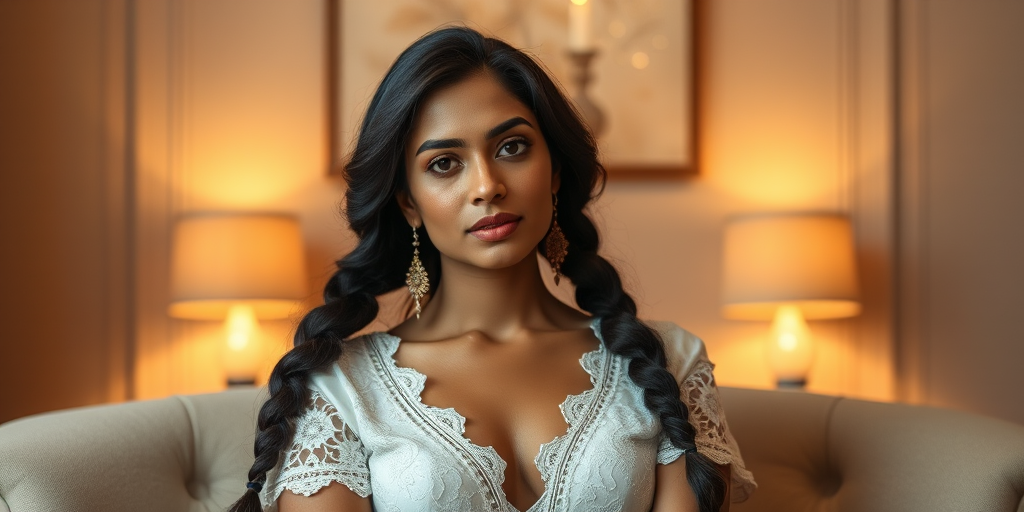 Create a portrait of a refined and elegant Nepali woman seated in a sophisticated setting. She has long, wavy hair styled in two thick braids that are pulled over her shoulders. She wears a white, lace gown with intricate patterns, featuring a deep V-neckline and short sleeves. The dress exudes a vintage charm with its delicate lacework. She is adorned with ornate, dangling earrings that add a touch of glamour to her appearance. The background is softly lit, with warm, ambient lighting that creates a cozy and inviting atmosphere. Her expression is poised and serene, capturing a sense of grace and elegance.