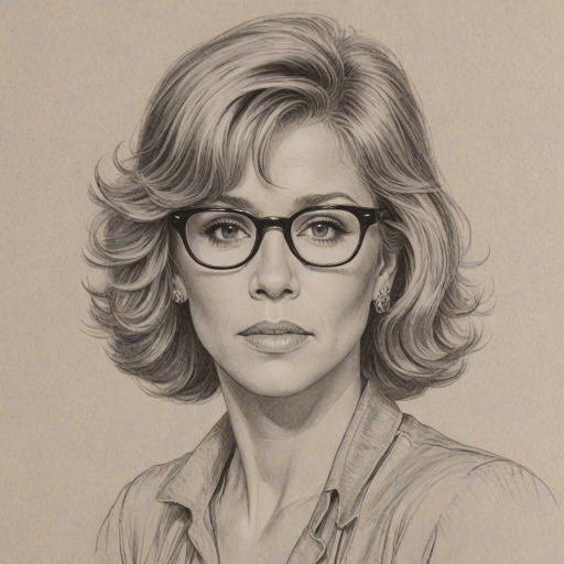 Resplendent Jane Fonda, pencil sketch, portrait of Ravishing woman 1928s in glasses, hair style beatnik, outline, clear lines, fine lines, 8k