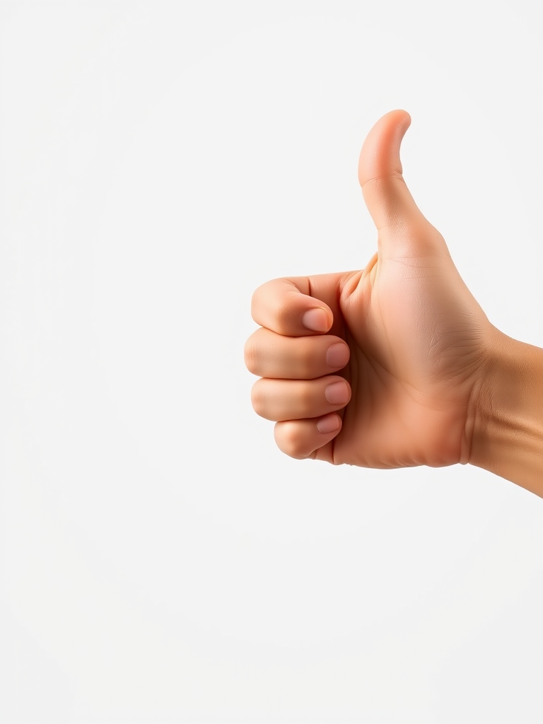 Create a high-resolution image of a thumbs-up hand symbol with a clean white background, using a DSLR camera with a 50mm lens, aperture set to f/2.8, ISO 100, and a shallow depth of field for enhanced sharpness and detail.