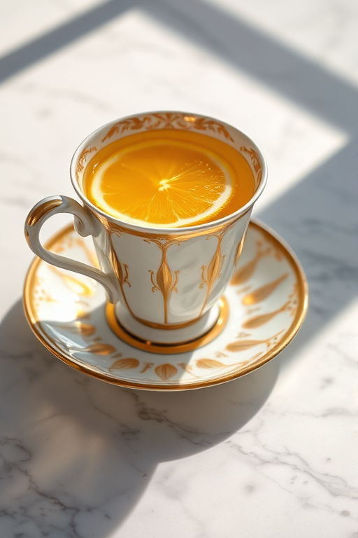 A close-up shot of a beautifully designed white and gold teacup filled with yellow tea, garnished with lemon slices, placed on a polished marble surface with natural sunlight casting soft shadows, using a DSLR camera with a 50mm lens, aperture f/1.8, ISO 100, and a shallow depth of field for enhanced focus on the cup and lemon.