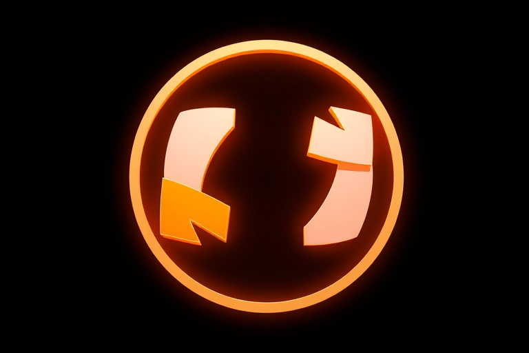 Generate a high-resolution circular icon with two adjacent arrows forming a loop, using a 50mm lens, f/2.8 aperture, ISO 100, soft lighting, top-down view, digital art style, and vibrant orange and white colors for emphasis.