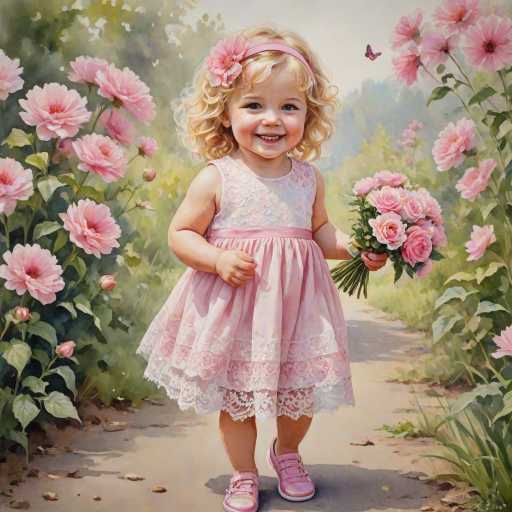 hyperrealism happy smiling toddler girl with messy wavy blonde hair with a headband, she is wearing a pink and white lace dress with pink and white shoes, she is holding a pink bouquet of flowers. Pink flowers and butterflies. summer background. Watercolor Highly detailed