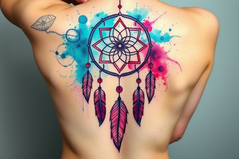 Stunning watercolor tattoo design featuring vibrant splashes of teal and magenta forming a dreamcatcher with feathers cascading down the spine intricate linework and soft gradients blend seamlessly