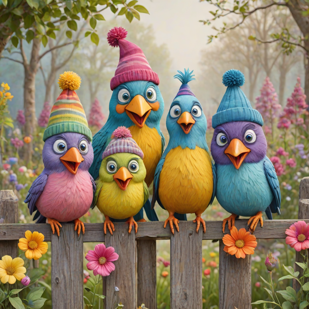 create a scene of 4 quirky  whimsical colourful comical birds each with a funny expression. they are sat on a wooden fence with colourful flowers. they are all different sizes. each one is a different colour  one is wearing a woolly hat. Each one has a different quirky google expression and there is a muted background of trees watercolour paintierly style high definition 8k resolution 3D paper mache