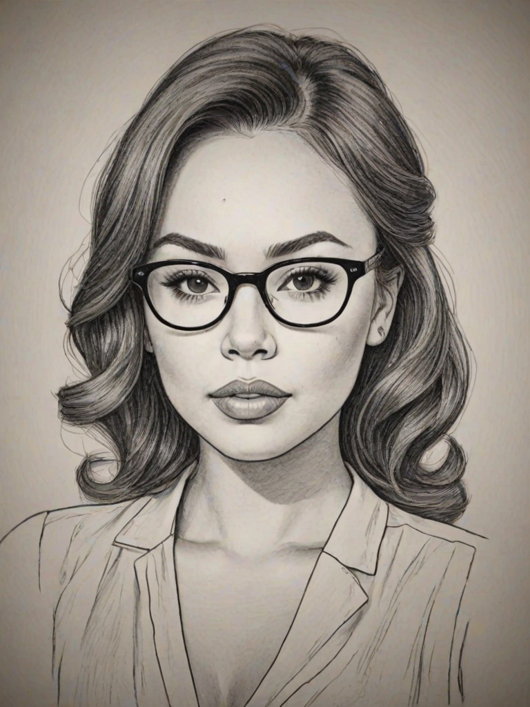Bewitching Janel Parrish, pencil sketch, portrait of Beauteous woman 1947s in glasses, hair style beatnik, outline, clear lines, fine lines, 8k