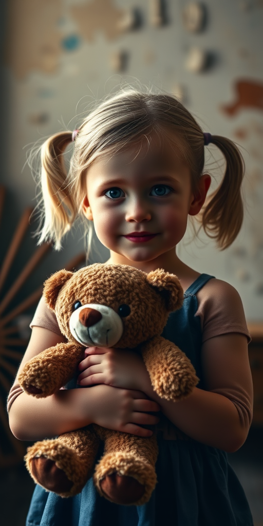 portrait of a young child with pigtails holding a teddy bear in a softly lit, rustic room with peeling paint, Canon EOS R5, 85mm f/1.2 lens, f/1.8, ISO 200, shallow depth of field, natural light, warm tones, high resolution