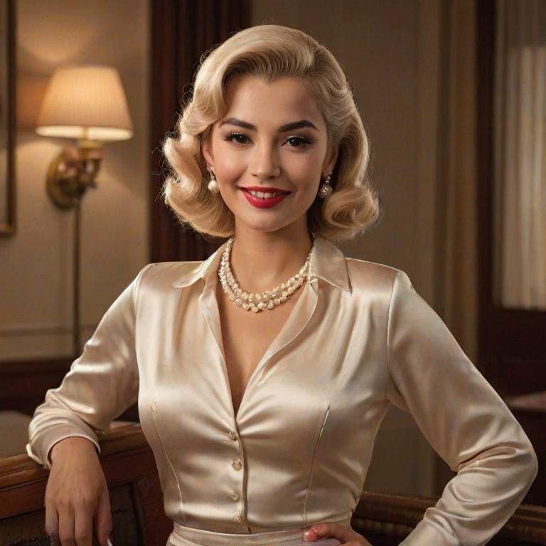 A beautiful Latino woman reminiscent of 1950s Hollywood glamour, with perfectly styled blonde hair and a seductive smile, dressed in a satin blouse and adorned with pearls, soft and warm tones, photorealistic, 8K