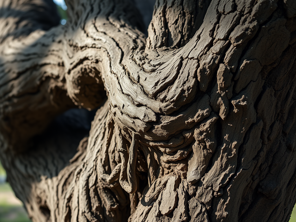 Generate a highly detailed close-up of a twisted, gnarled tree trunk with intricate bark textures, using a Canon EOS R5 camera, 50mm lens, f/2.8 aperture, ISO 100, in natural daylight, shot from a low angle to emphasize the organic shapes and shadows.