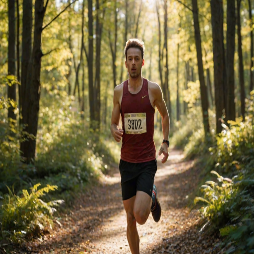 Blurry action shot of a runner sprinting through a forest trail, leaves kicking up behind them, sunlight filtering through the trees, intense focus on their face, shadows stretching across the path, the sound of rustling leaves and distant birds chirping.