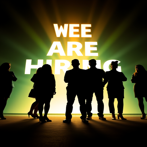 silhouettes of diverse business professionals standing in front of a glowing "WE ARE HIRING" sign, background with light rays, shot with a DSLR camera using a 50mm lens, aperture f/1.8, ISO 100, at a low angle for dramatic effect, vibrant colors for emphasis