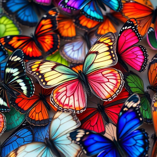 Create a vibrant, high-resolution image of colorful butterflies in various patterns and styles, using a Canon EOS R5 with an aperture of f/2.8, ISO 100, and a focal length of 50mm, in a macro photography style with soft natural lighting.