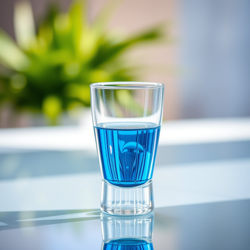 Create an image of a clear glass with blue liquid, shot with a DSLR camera at f/4 aperture, 50mm lens, with a shallow depth of field, bright natural lighting, and a 200 ISO setting to enhance clarity and detail.