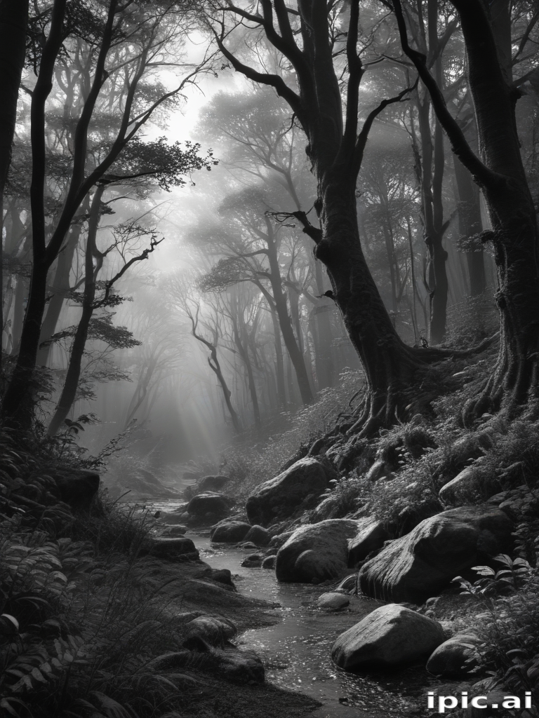 Enchanting Misty Forest with a Serene Stream Flowing Through Shadows