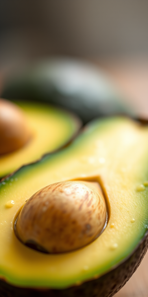 Avocado with a sliced view showcasing its creamy texture, captured with a Canon EOS 5D Mark IV, 50mm lens, f/2.8 aperture, ISO 100, natural light, shallow depth of field, focus on the seed.