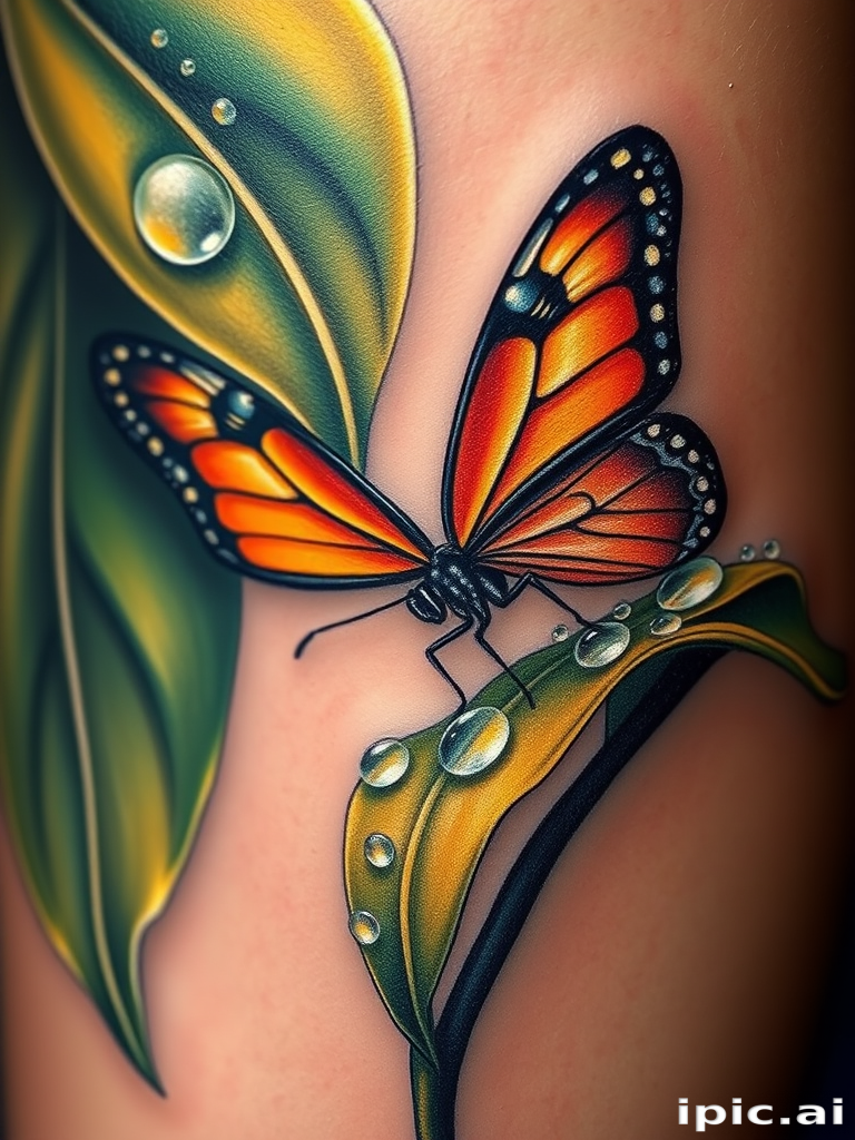 Realistic 3D tattoo illustrating a hyperrealistic butterfly perched on a dewdrop-covered leaf, lifelike details and shading creating an illusion of depth, vibrant colors bringing the scene to life