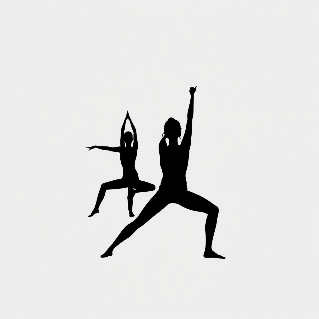 Create a minimalist artwork featuring three silhouettes in different yoga poses, with a soft gray background, using a digital drawing style, capturing with a high-resolution digital camera at f/8 aperture, 50mm lens, and a top-down view to enhance clarity and detail.