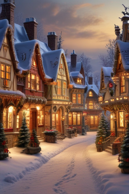 Charming Snow-Covered Village at Dusk with Festive Holiday Decorations