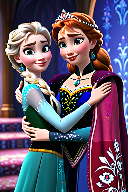 Elsa and Anna hug Queen iduna motherin saree 3D Disney