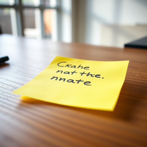 Create a vibrant sticky note on a wooden desk with soft natural lighting, camera settings: f/2.8 aperture, 1/60 shutter speed, ISO 100, camera view: close-up, camera style: macro photography, camera type: DSLR.