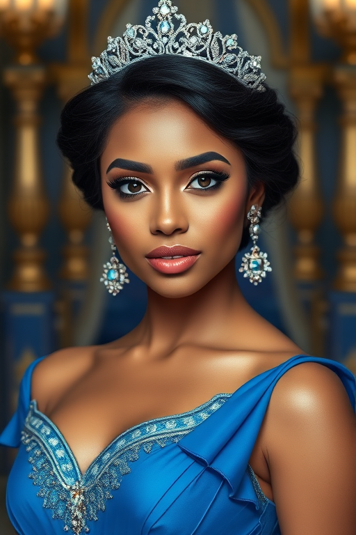 A gorgeous Indo-Caribbean woman in a luxurious blue gown, accessorized with a dazzling tiara and statement earrings, her deep blue eyes highlighted by impeccable makeup, poised in a royal setting, photorealistic, 8K quality